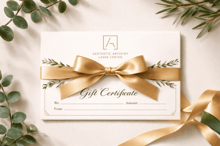 Aesthetic Artistry Laser Center gift certificate arranged with ribbon and greenery